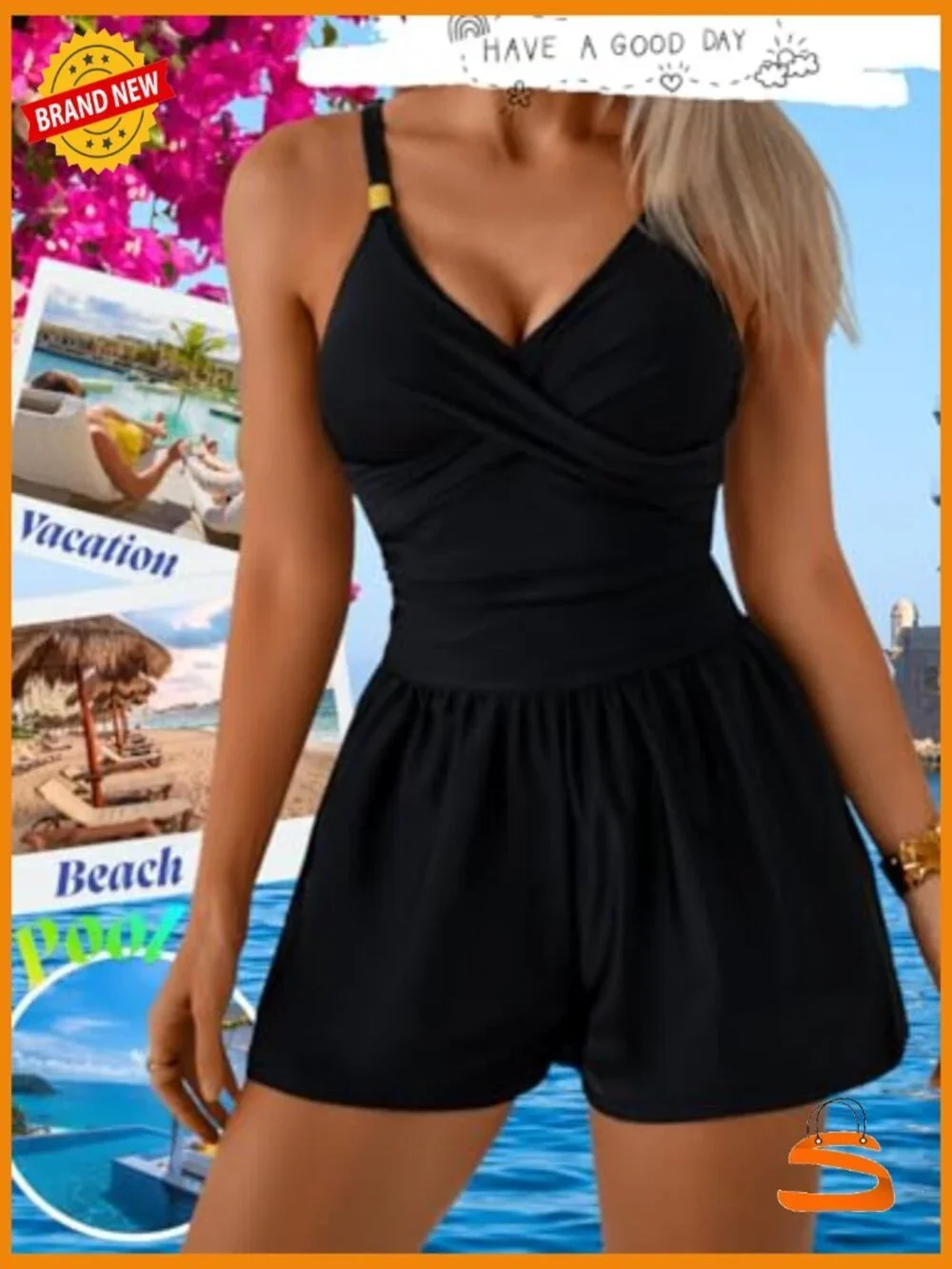 Tummy Control One Piece Swim Romper with Pockets Modest Bathing Suit Beach